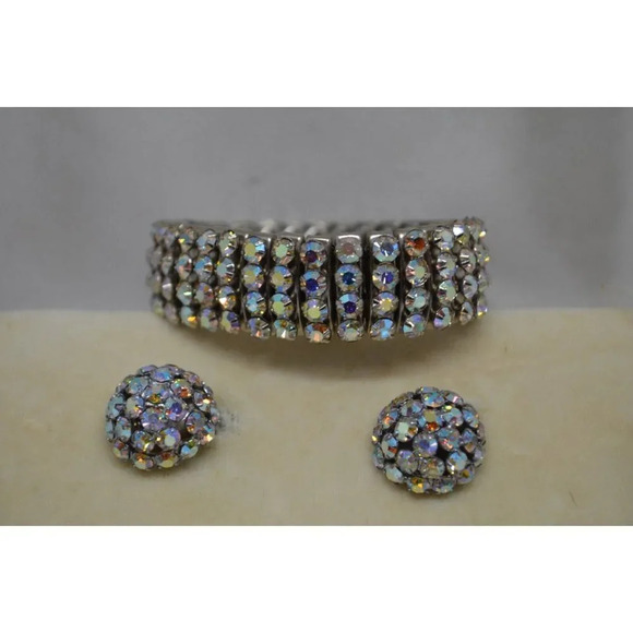 Aurora Borealis Necklace Earrings Bracelet Set 1960s Semicircle Ball Charms  Vtg - Picture 2 of 12